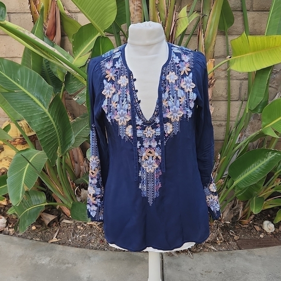 Johnny Was Tops - Johnny Was Navy Blue Floral Embroidered Peasant Blouse Top XS